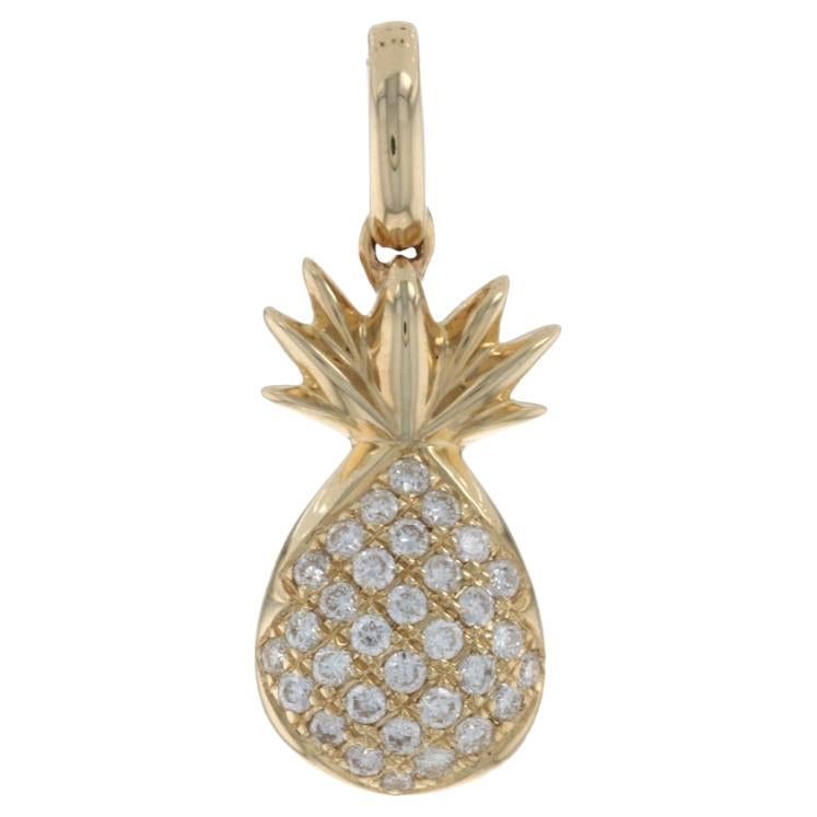 Yellow Gold Diamond Pineapple Pendant -14k Rnd .16ctw Tropical Fruit Hospitality For Sale