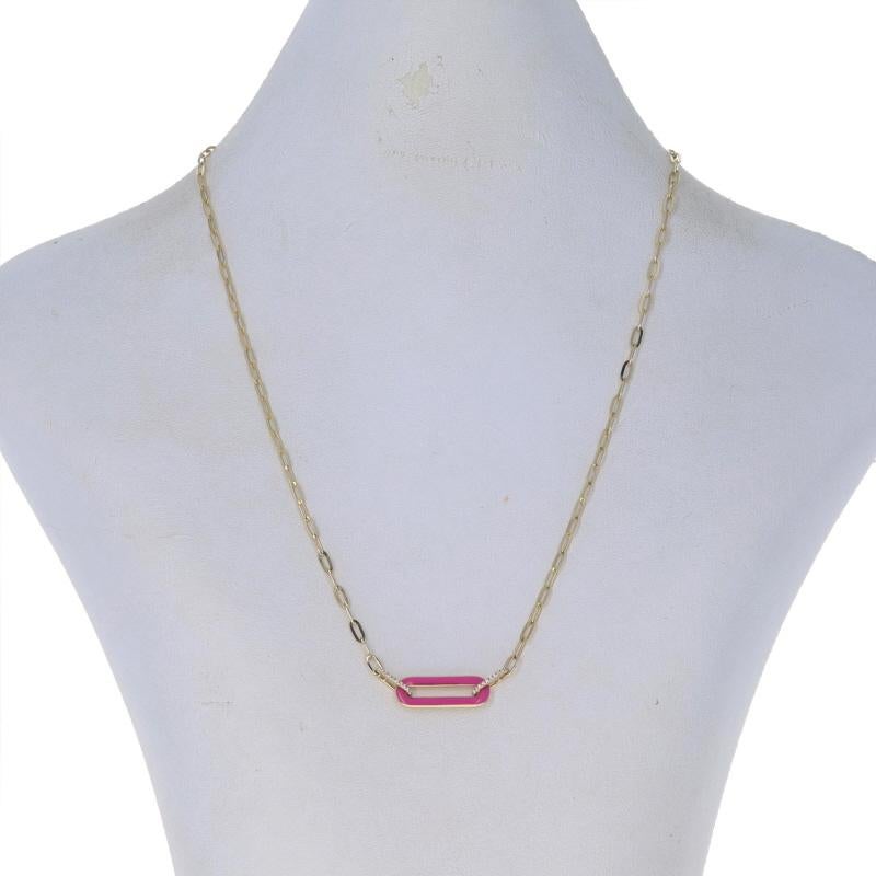 Metal Content: 14k Yellow Gold

Stone Information
Natural Diamonds
Carat(s): .06ctw
Cut: Single
Color: H - I
Clarity: VS2

Material Information
Enamel
Color: Pink

Style: Bar Link
Chain Style: Paperclip
Necklace Style: Chain
Fastening Type: Lobster