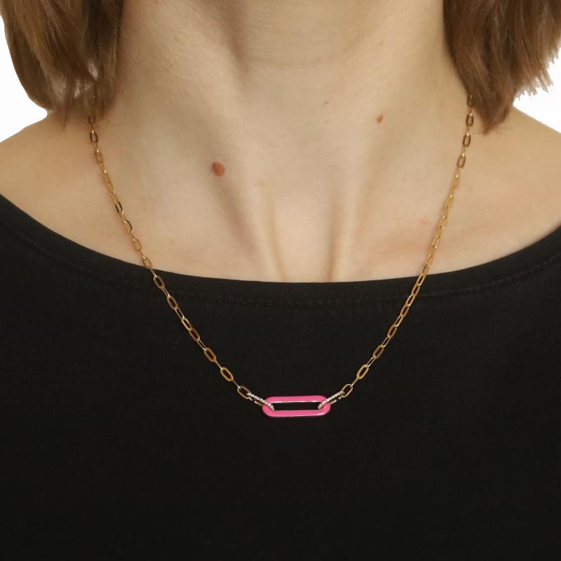 Round Cut Yellow Gold Diamond & Pink Enamel Bar Link Necklace - 14k Reversible Adjustable For Sale