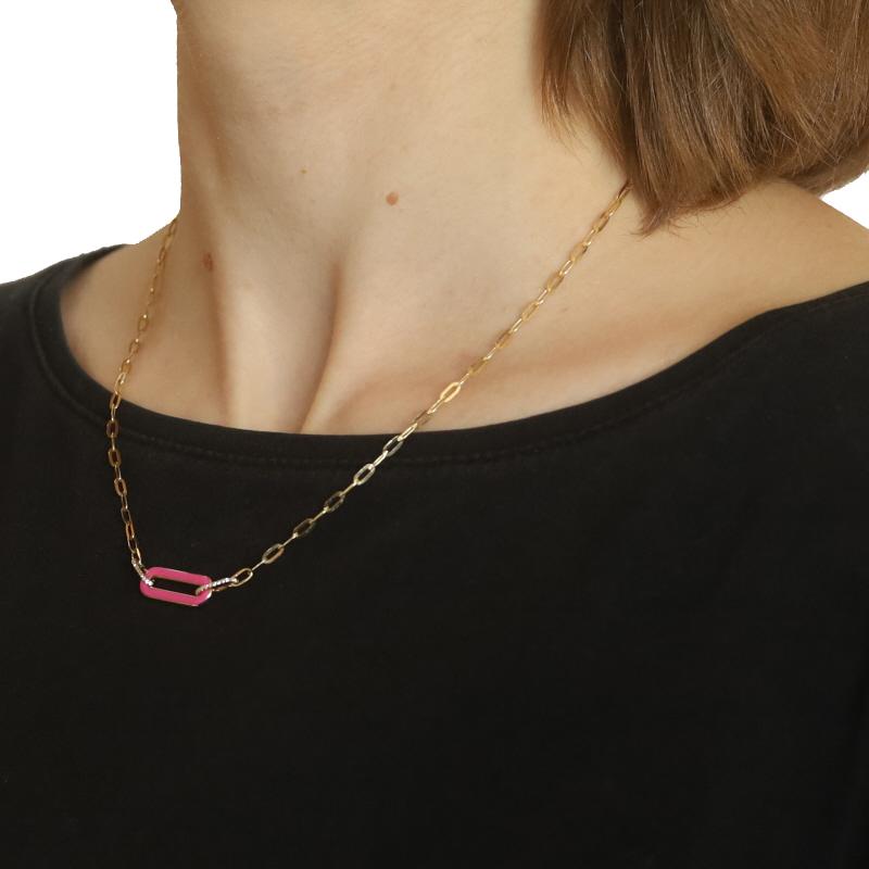 Women's Yellow Gold Diamond & Pink Enamel Bar Link Necklace - 14k Reversible Adjustable For Sale