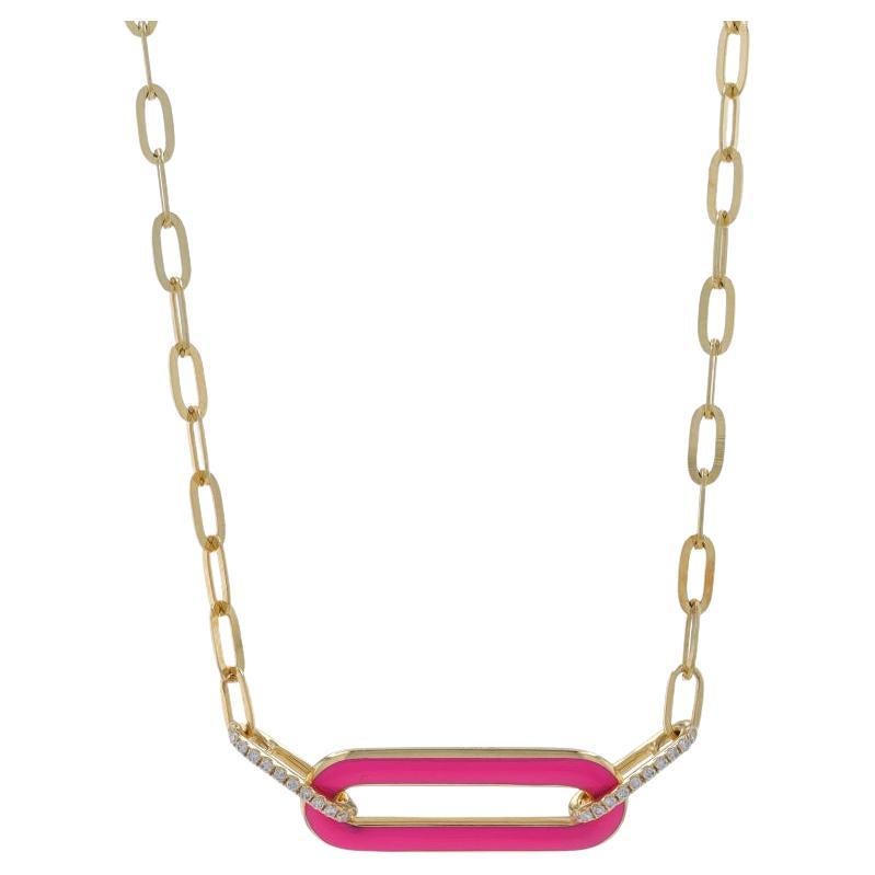 Yellow Gold Diamond & Pink Enamel Bar Link Necklace - 14k Reversible Adjustable For Sale