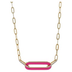 Yellow Gold Diamond & Pink Enamel Bar Link Necklace - 14k Reversible Adjustable