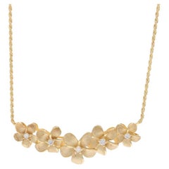 Yellow Gold Diamond Plumeria Bar Necklace 16 3/4" -14k Rd .20ctw Flower Blossoms