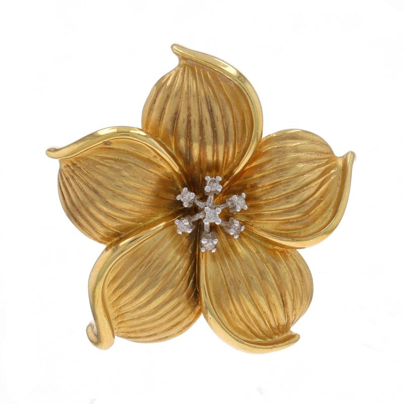 Metal Content: 14k Yellow Gold & 14k White Gold

Stone Information
Natural Diamonds
Carat(s): .05ctw
Cut: Round Brilliant
Color: I - J
Clarity: I1

Style: Convertible Brooch/Pendant
Fastening Type: Hinged Pin and Whale Tail Clasp
Theme: Plumeria,
