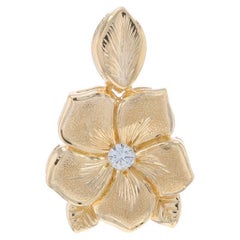 Yellow Gold Diamond Plumeria Solitaire Pendant - 14k Round .16ct Flower Blossom