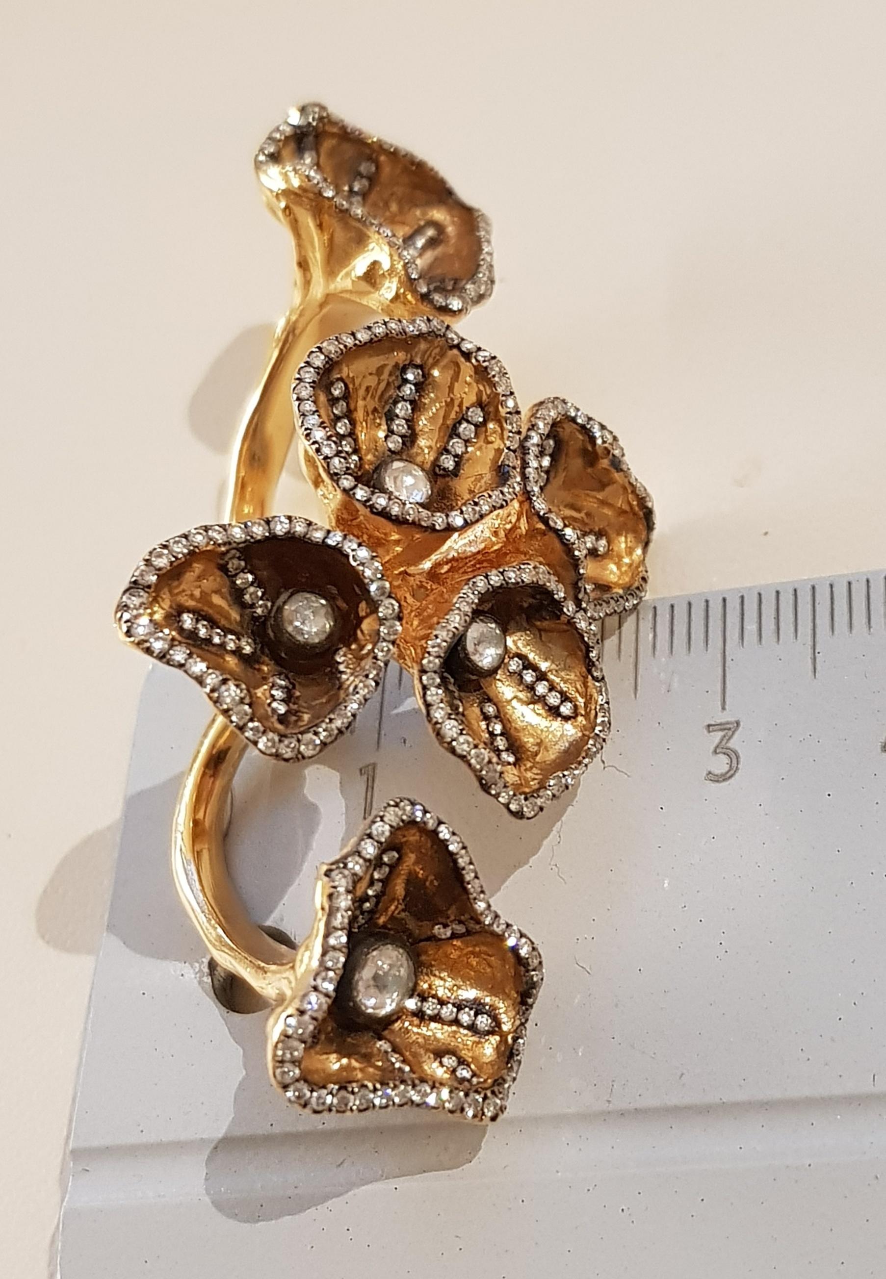 Yellow Gold Diamond Poppy Flower Ring For Sale 2