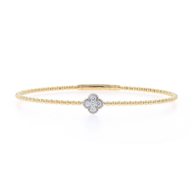 Metallgehalt: 14k Gelbgold & 14k Weißgold

Informationen zu Stein
Natürliche Diamanten
Karat(e): .19ctw
Schliff: Runder Brillant
Farbe: G - H
Reinheit: VS2 - SI1

Karat gesamt: .19ctw

Stil: Flex-Armreif
Verschluss-Typ: Schnappverschluss
Thema: