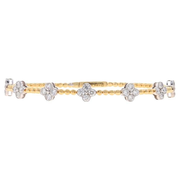 Yellow Gold Diamond Quatrefoil Station Flex Bangle Bracelet 6 1/2" - 18k 1.65ctw For Sale