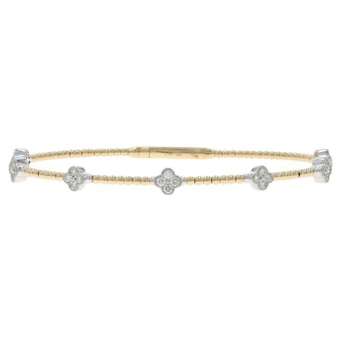 Yellow Gold Diamond Quatrefoil Station Flex Bangle Bracelet 6 3/4" - 14k .44ctw