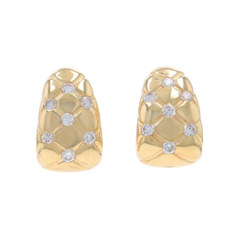 Metal Content: 14k Yellow Gold

Stone Information

Natural Diamonds
Carat(s): .56ctw
Cut: Round Brilliant
Color: G - H
Clarity: SI1 - SI2

Total Carats: .56ctw

Style: J-Hook
Fastening Type: Butterfly Closures
Theme: Quilted Lattice
Features: