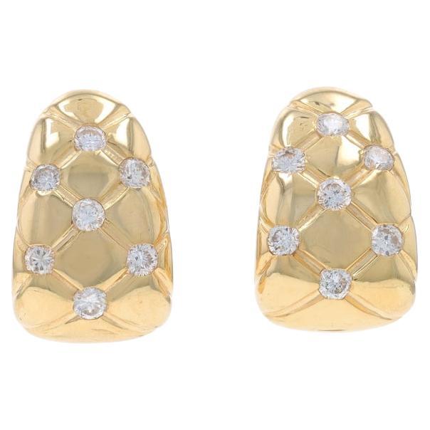 Yellow Gold Diamond Quilted Lattice J-Hook Earrings - 14k Round .56ctw Pierced For Sale