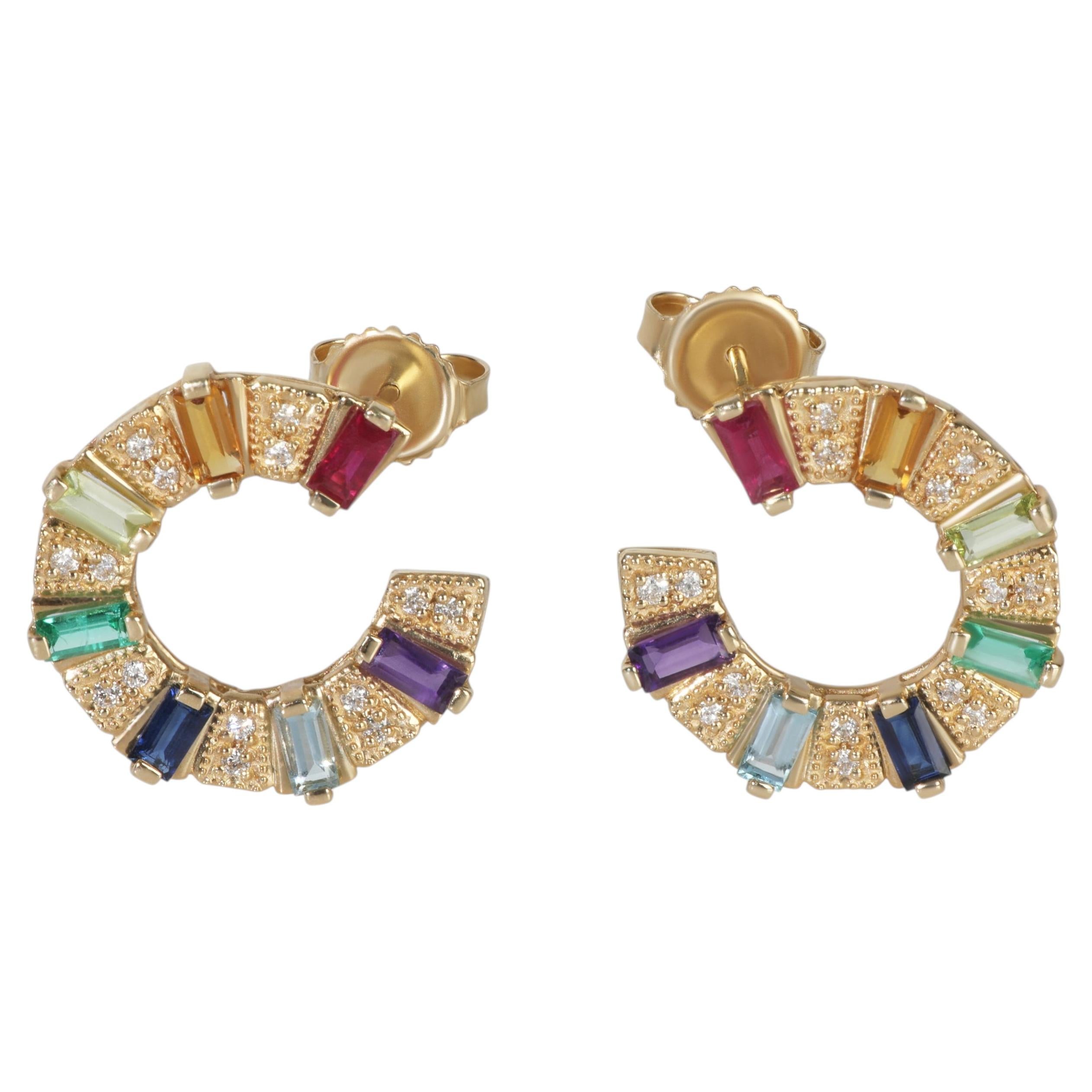 Yellow Gold Diamond & Rainbow Gemstone Earrings