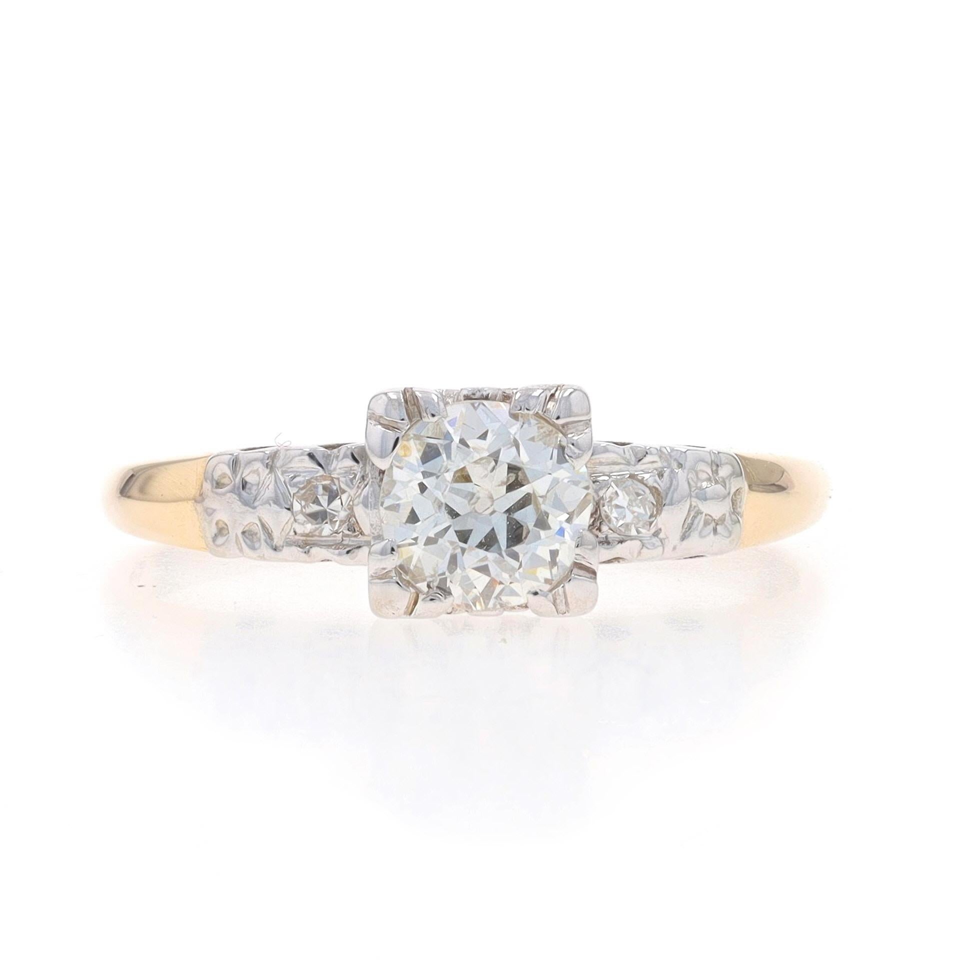 Size: 6
Sizing Fee: Up 3 sizes for $30 or Down 1 1/2 sizes for $30

Era: Retro
Date: 1940s

Metal Content: 14k Yellow Gold & 14k White Gold

Stone Information

Natural Diamond
Carat(s): .55ct
Cut: European
Color: H
Clarity: SI1
Stone Note: