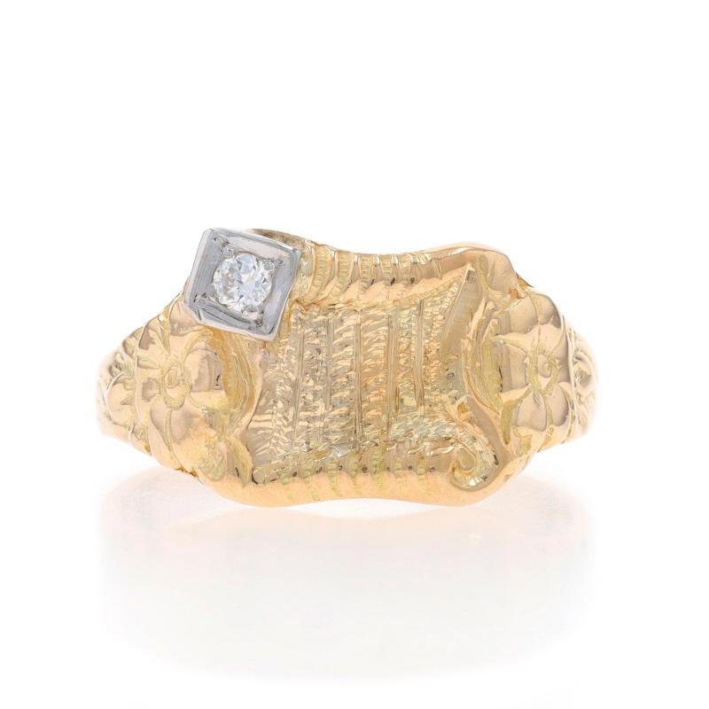 Size: 9
Sizing Fee: Up 2 sizes for $80 or Down 1 size for $60

Era: Retro

Metal Content: 14k Yellow Gold & 14k White Gold

Stone Information

Natural Diamond
Carat(s): .06ct
Cut: Round Brilliant
Color: H
Clarity: VS2

Style: Solitaire
Theme: