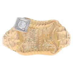 Yellow Gold Diamond Retro Floral Solitaire Ring - 14k Round Brilliant