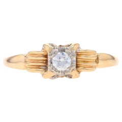Yellow Gold Diamond Retro Solitaire Engagement Ring -14k Rd .10ct Vintage Ribbed