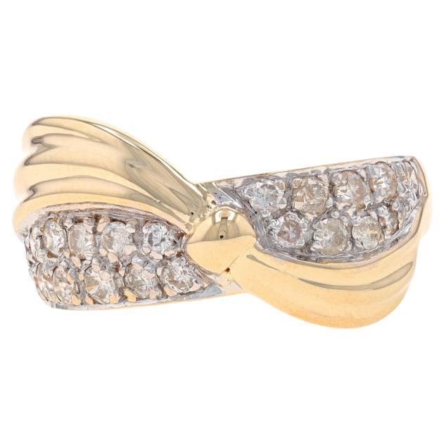 Yellow Gold Diamond Ribbon Cluster Crossover Band - 14k Round 1.00ctw Bow Ring For Sale