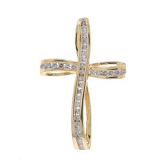 Yellow Gold Diamond Ribbon Cross Pendant - 10k Round Brilliant .50ctw Faith