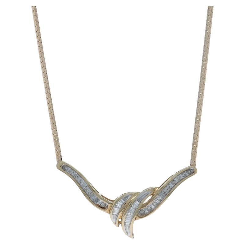 Yellow Gold Diamond Ribbon Crossover Necklace 16 1/2" - 10k Bag 
Rd 1.00ctw For Sale