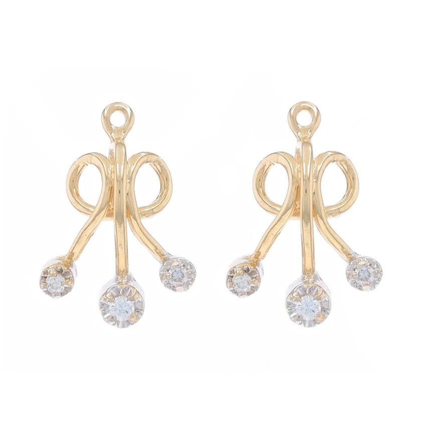 Metal Content: 14k Yellow Gold & 14k White Gold

Stone Information

Natural Diamonds
Carat(s): .08ctw
Cut: Round Brilliant
Color: H - I
Clarity: VS2 - SI1

Style: Earring Enhancer Stud Jacket
Theme: Ribbon Fan

Measurements

Tall (from stationary