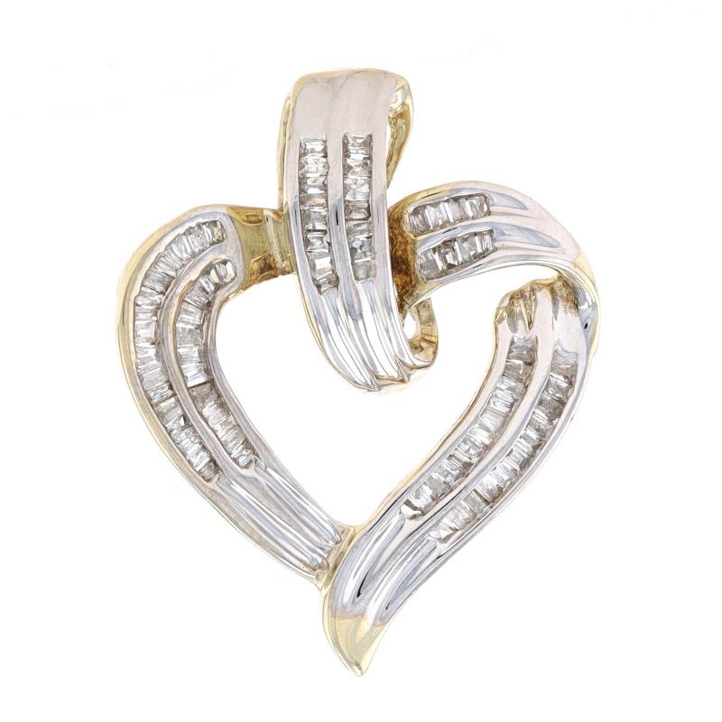 Metal Content: 10k Yellow Gold & 10k White Gold

Stone Information
Natural Diamonds
Carat(s): .25ctw
Cut: Baguette
Color: H - I
Clarity: I1 - I2

Total Carats: .25ctw

Theme: Ribbon Heart, Love

Measurements
Tall (from stationary bail): 1 1/16