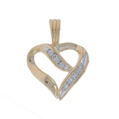 Yellow Gold Diamond Ribbon Heart Pendant - 10k Round & Baguette .10ctw Love