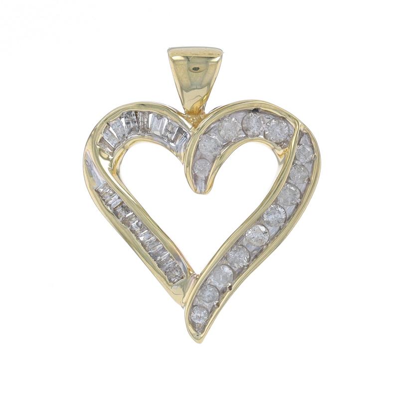 Metal Content: 10k Yellow Gold & 10k White Gold

Stone Information

Natural Diamonds
Carat(s): .50ctw
Cut: Round Brilliant & Baguette
Color: H - I
Clarity: I2

Total Carats: .50ctw

Theme: Ribbon Heart, Love

Measurements

Tall (from stationary