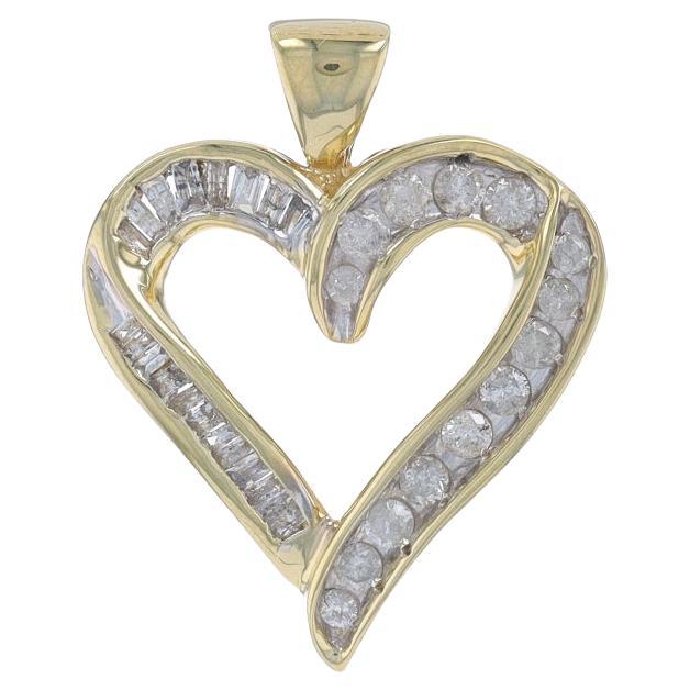 Yellow Gold Diamond Ribbon Heart Pendant - 10k Round & Baguette .50ctw Love For Sale