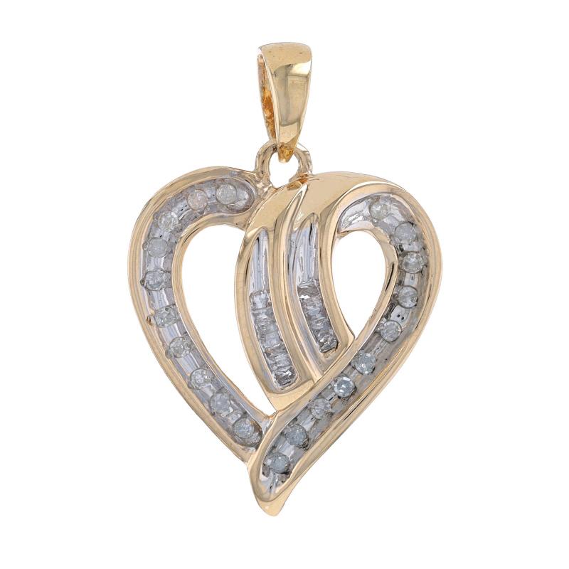 Metal Content: 10k Yellow Gold & 10k White Gold

Stone Information
Natural Diamonds
Carat(s): .15ctw
Cut: Single & Baguette
Color: I - J
Clarity: I2

Total Carats: .15ctw

Theme: Ribbon Heart, Love

Measurements
Tall (from stationary bail): 29/32