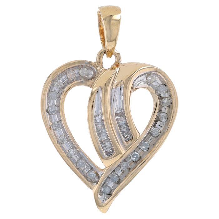 Yellow Gold Diamond Ribbon Heart Pendant - 10k Single Cut & Baguette .15ctw Love For Sale