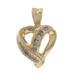 Yellow Gold Diamond Ribbon Heart Pendant - 14k Round & Baguette .20ctw Love