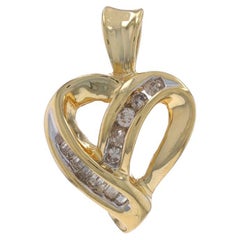 Yellow Gold Diamond Ribbon Heart Pendant - 14k Round & Baguette .20ctw Love