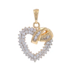Yellow Gold Diamond Ribbon Heart Pendant 14k Round & Baguette .65ctw Love Wreath