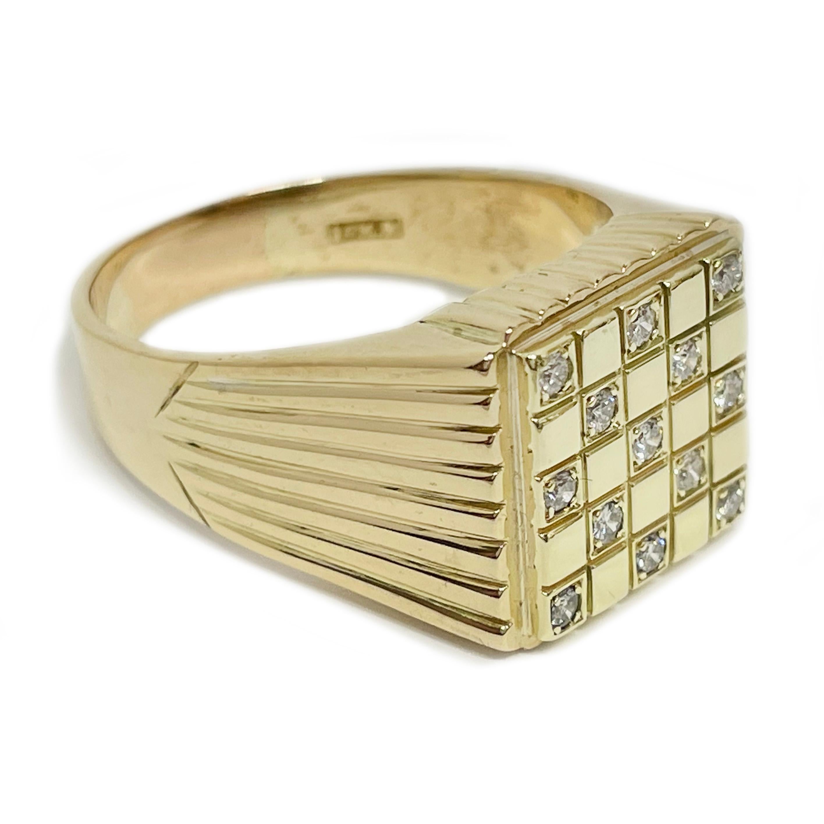 14 Karat Yellow Gold Diamond Ridged Ring. The ring features thirteen round prong-set diamonds set in a checkerboard pattern. The ring has ridges running on the top of the ring and partially on the tapered sides. The thirteen 1.8mm diamonds have a