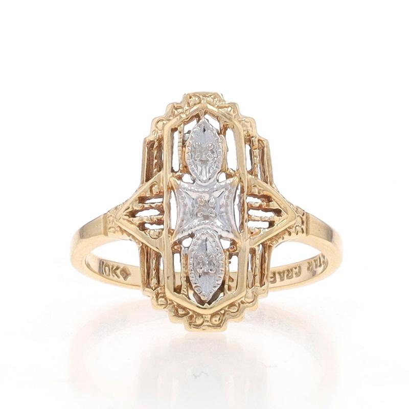 Size: 6
Sizing Fee: Up 3 sizes for $35 or Down 3 sizes for $25

Metal Content: 10k Yellow Gold & 10k White Gold

Stone Information

Natural Diamonds
Cut: Single
Stone Note: (three small stones)

Style: Three-Stone
Features: Art Deco-Inspired
