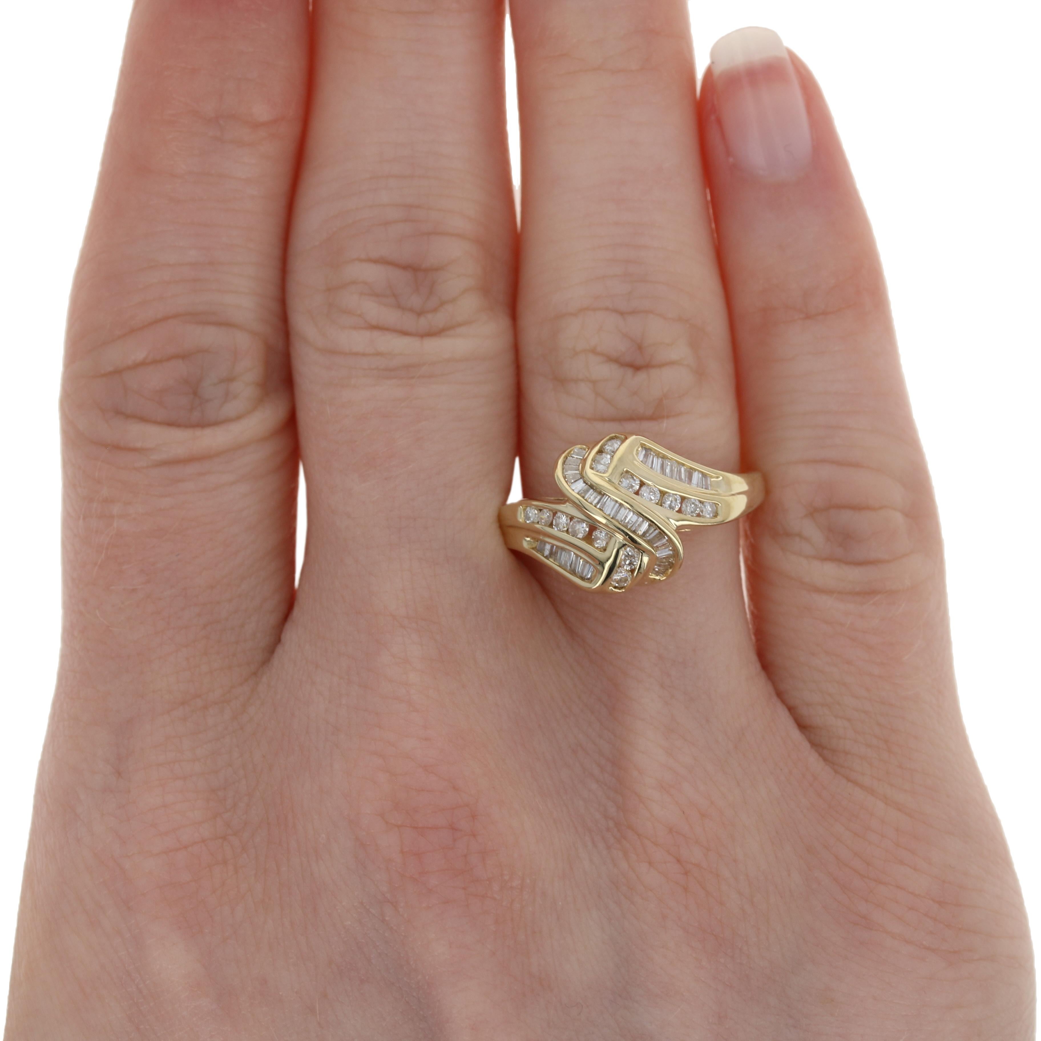 Yellow Gold Diamond Ring, 14k Round Brilliant & Baguette Cut 2/3ctw Bypass 3