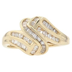Yellow Gold Diamond Ring, 14k Round Brilliant & Baguette Cut 2/3ctw Bypass