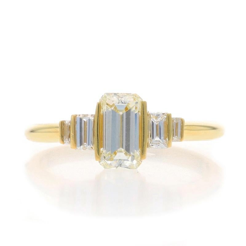 Size: 6 3/4 
Sizing Fees: Up 1 size for $50 or Down 1/2 a size for $50  
If the ring is sized down, the shank will become oval in shape.

Metal Content: 18k Yellow Gold

Stone Information
Natural Diamond
Carat(s): .75ct
Cut: Emerald
Color: