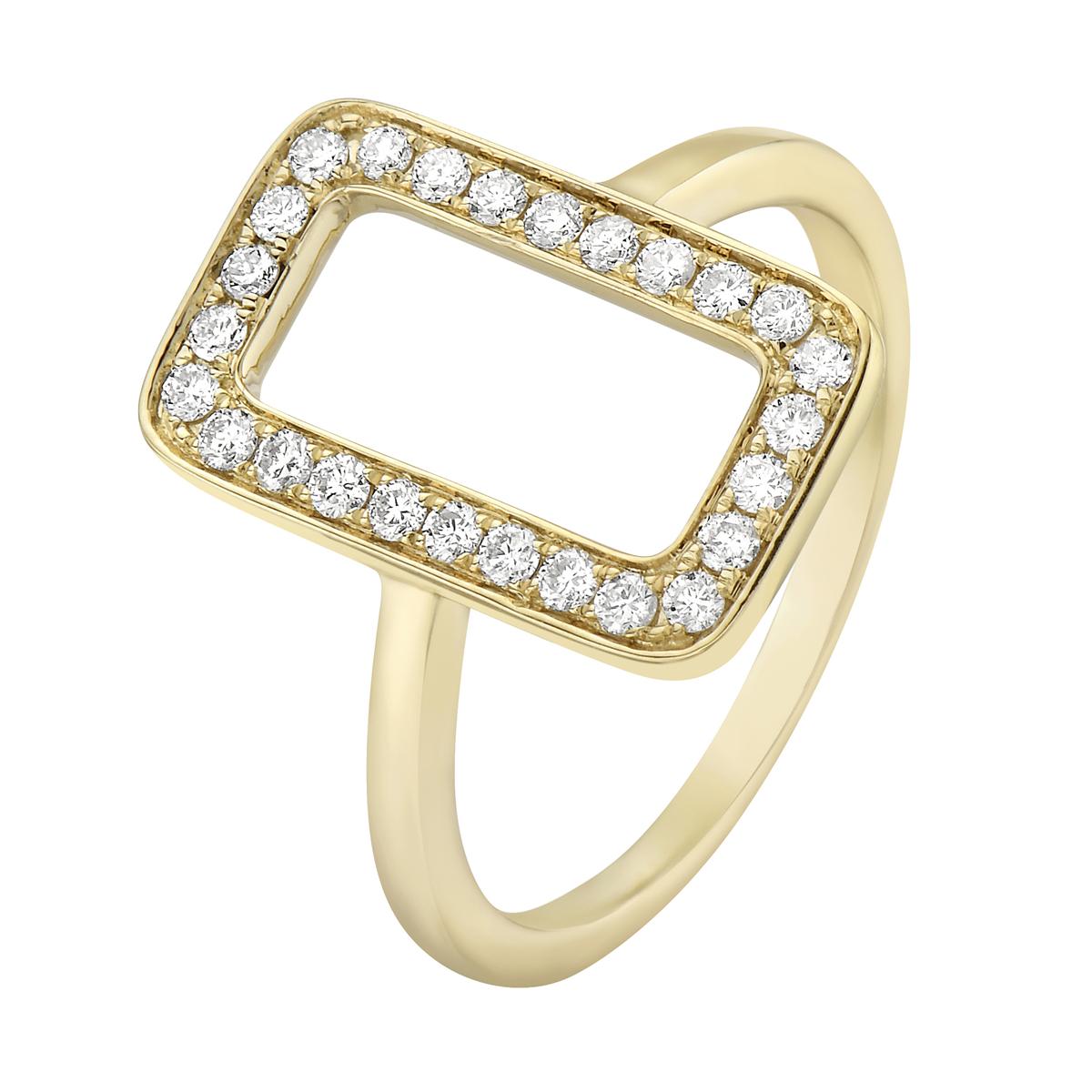 With this exquisite yellow-gold diamond ring, style and glamour are in the spotlight. This ring is set in 14-karat gold, made out of 3.1 grams of gold. The color of the diamonds is SI. The clarity is VS2-SI1. It is made out of 26 diamonds totaling
