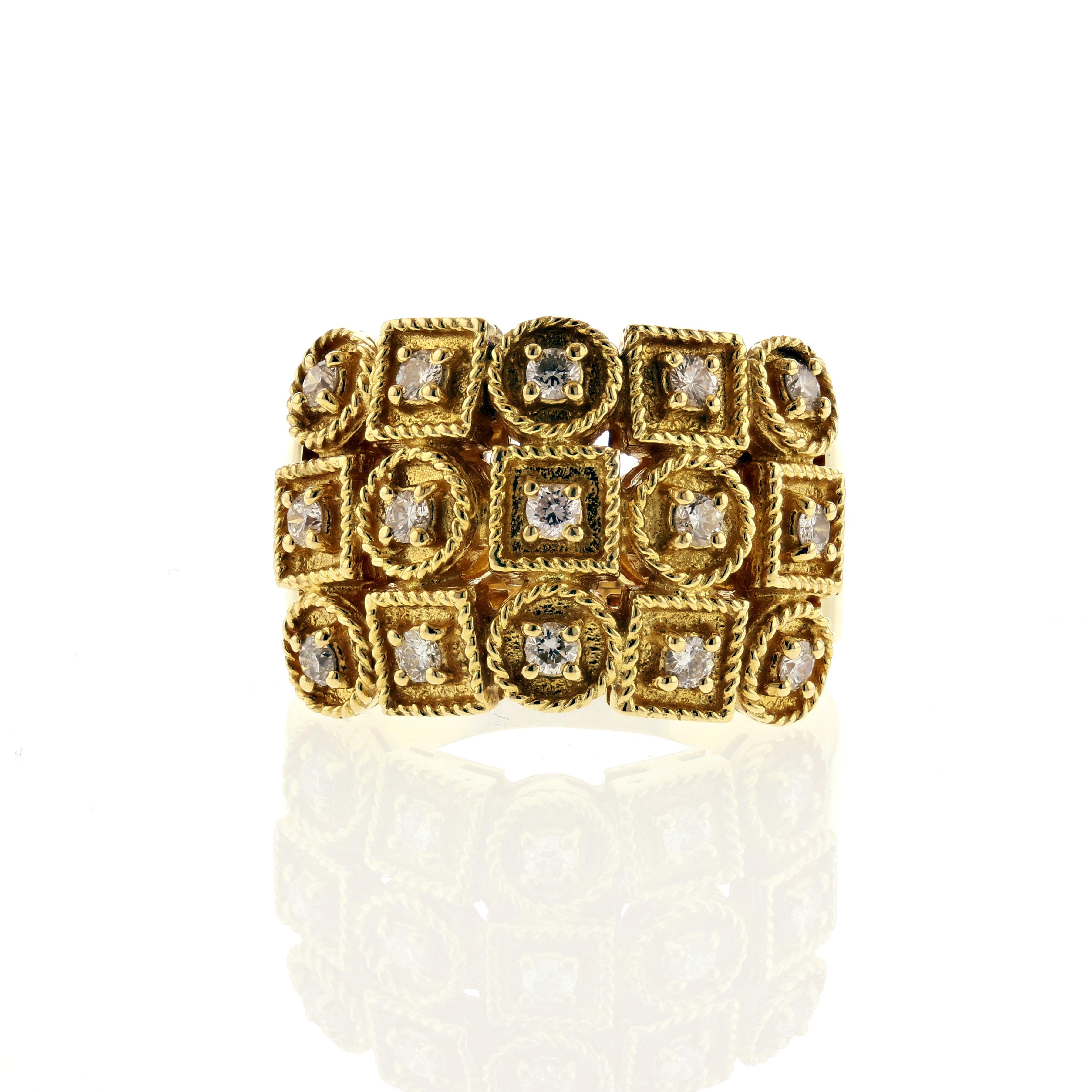 18K yellow gold ring with diamonds set into circles and squares.  There are fifteen (15) round brilliant-cut diamonds that total 0.75 carats; G-H color and VS1-2 clarity.  Ring is currently a size 8 1/2 and may be sized.  This is a large piece,