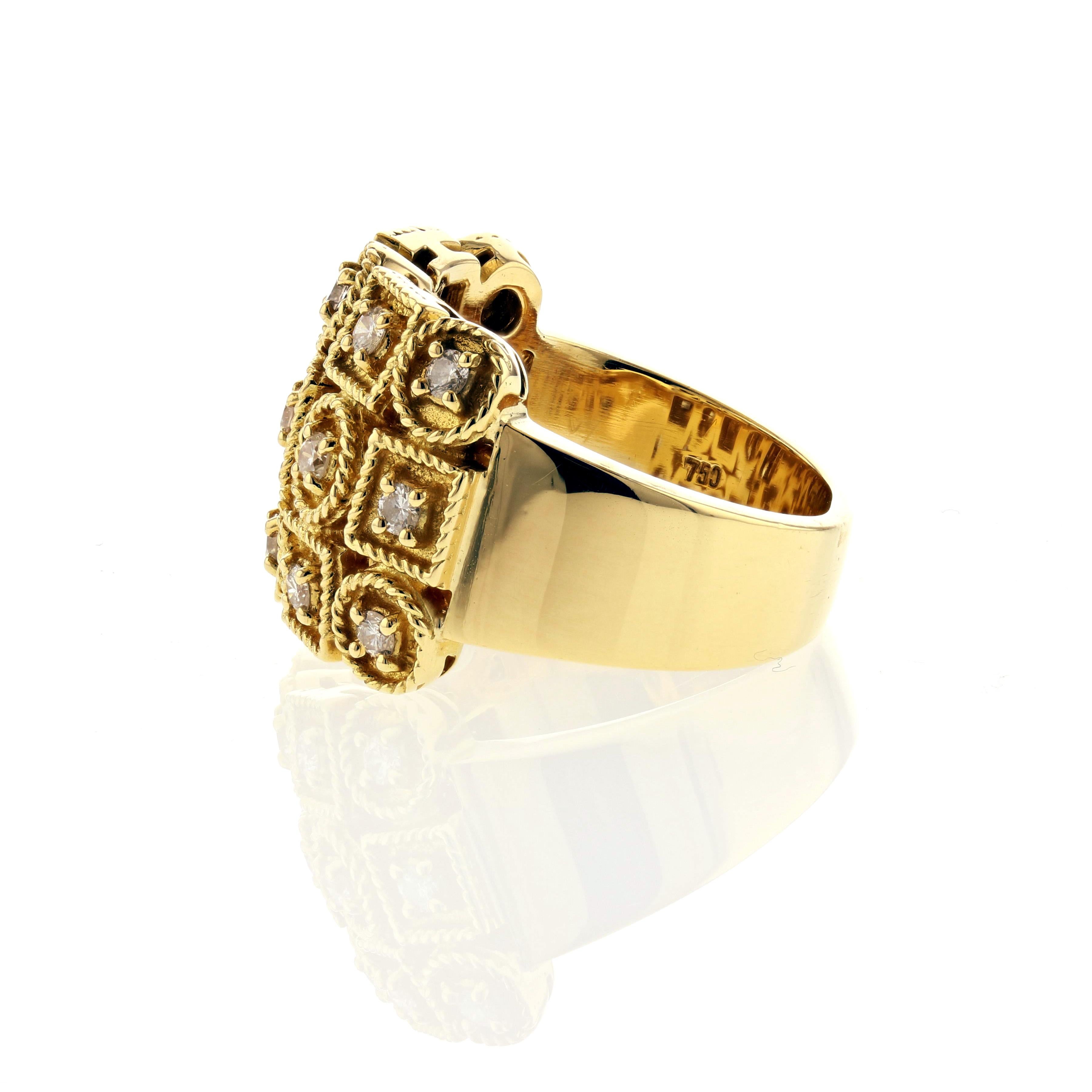 Taille ronde Bague en or jaune 18 carats et diamants avec cercles et carrés en vente