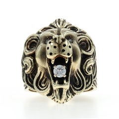 Yellow Gold Diamond Roaring Lion Men's Ring - 14k Rd .22ctw King of the Jungle