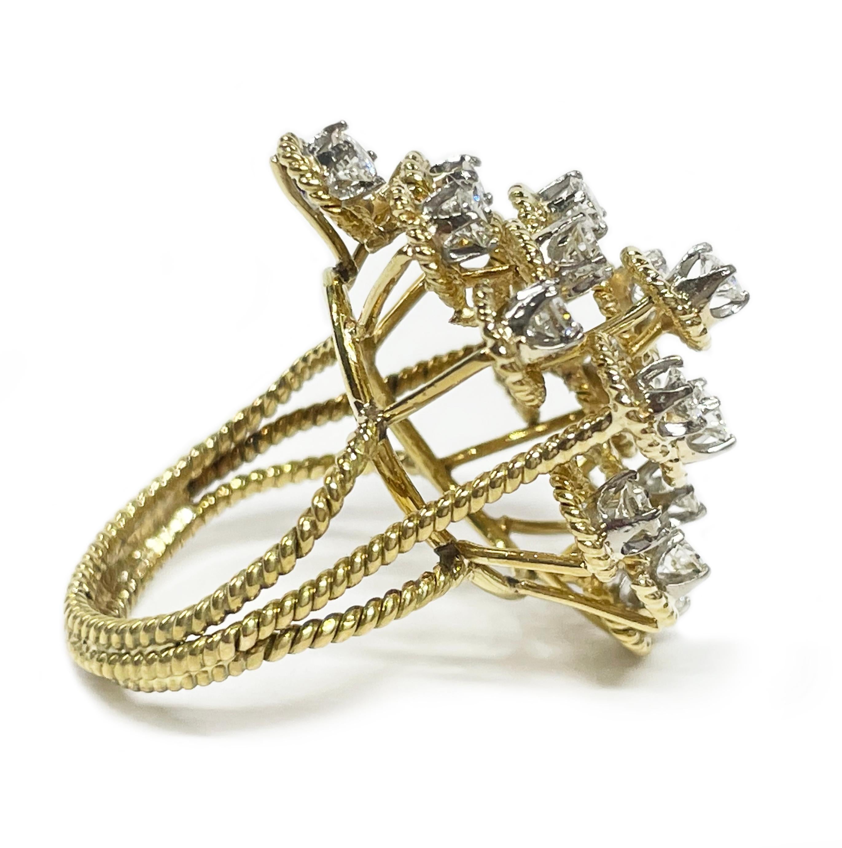 18 Karat Gelbgold Diamant-Seilring. Der Ring verfügt über eine erhöhte, mehrstufige Galerie mit achtzehn runden 2,8-mm-Diamanten. Alle Steine sind in Weißgold gefasst und jeder Diamant ist mit einer goldenen Seilkette umgeben. Das Gesamtkaratgewicht