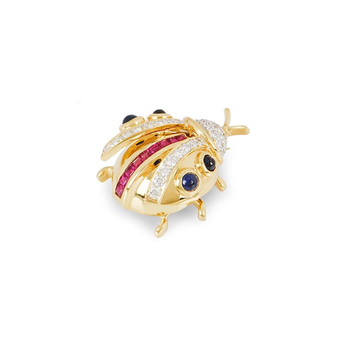 Round Cut Yellow Gold Diamond, Ruby and Sapphire Ladybird Brooch For Sale