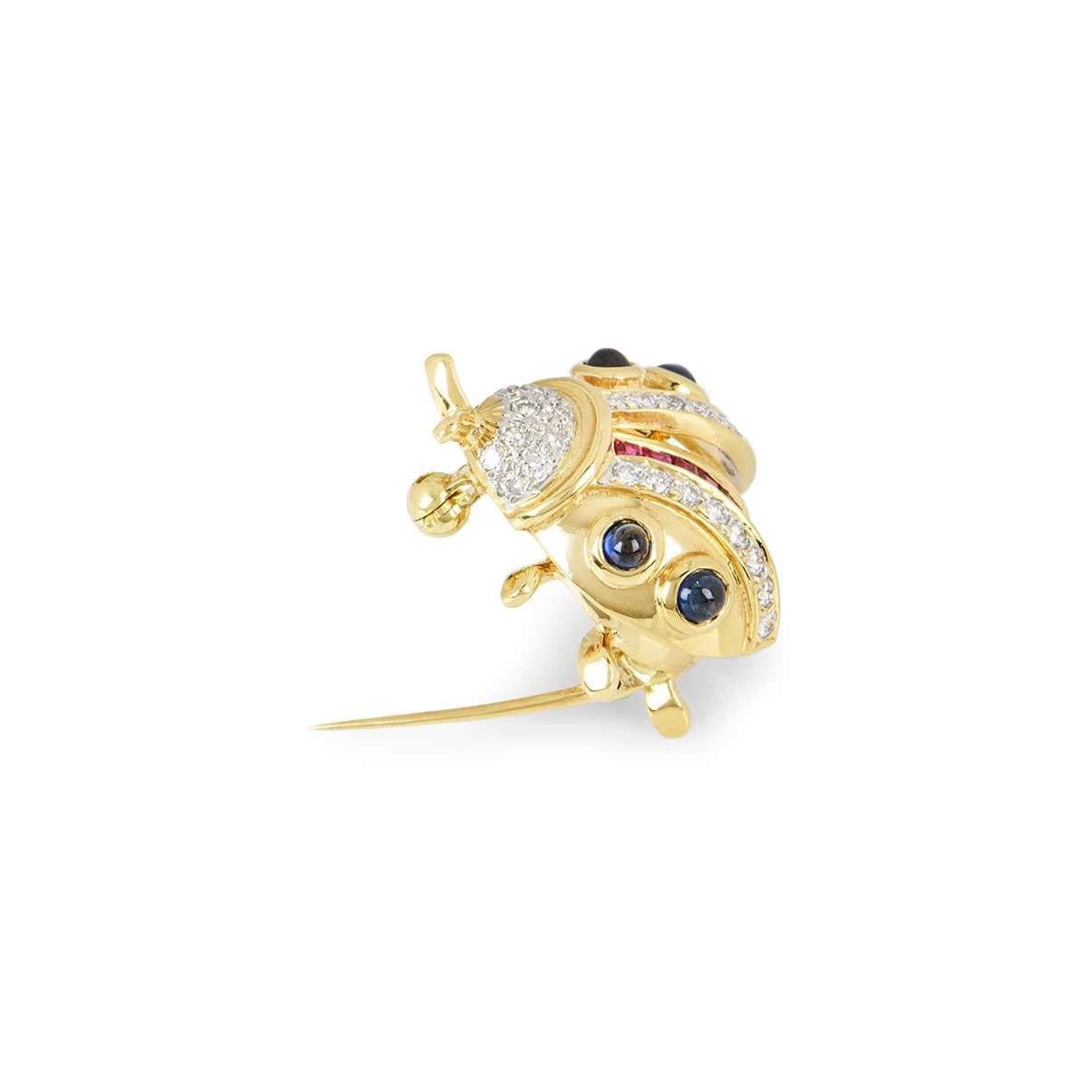 Women's Yellow Gold Diamond, Ruby and Sapphire Ladybird Brooch For Sale