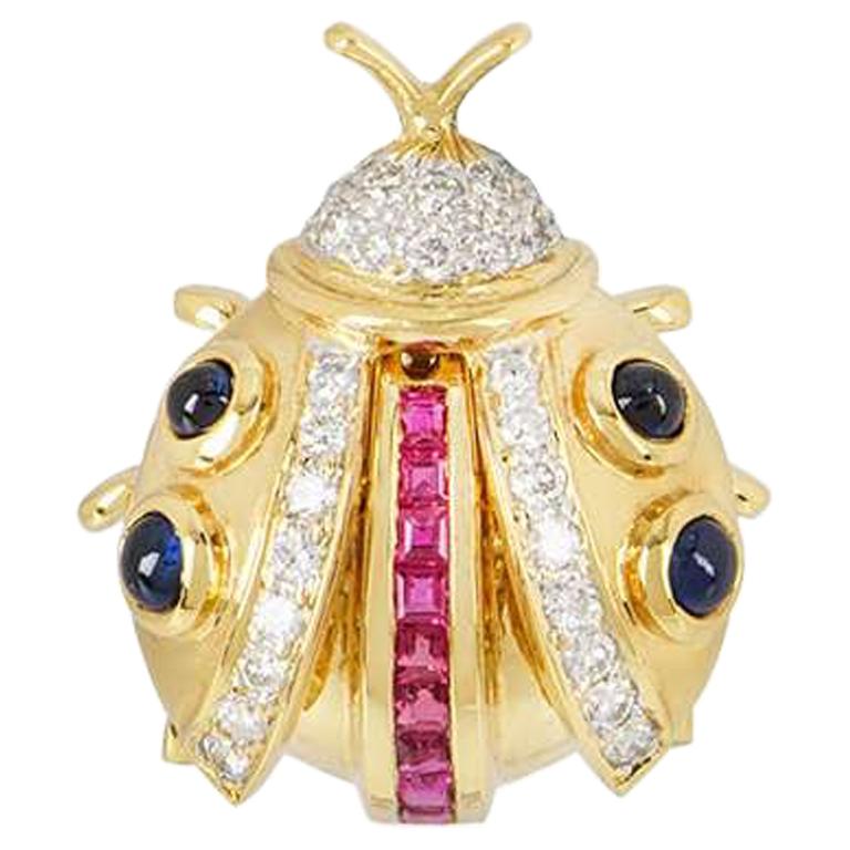 Yellow Gold Diamond, Ruby and Sapphire Ladybird Brooch For Sale