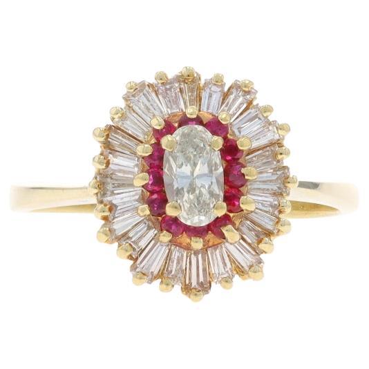 Yellow Gold Diamond & Ruby Ballerina Halo Ring - 14k Oval 1.04ctw For Sale