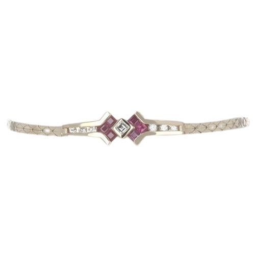 Yellow Gold Diamond & Ruby Bar Bracelet 7" - 14k Asscher .95ctw