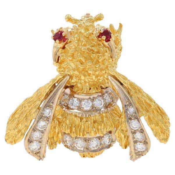 Yellow Gold Diamond and Ruby Bumble Bee Brooch - 18k Round .84ctw ...