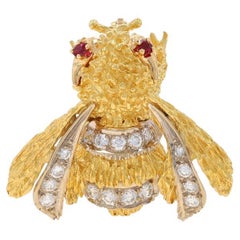 Yellow Gold Diamond & Ruby Bumble Bee Brooch - 18k Round .84ctw Insect Pin
